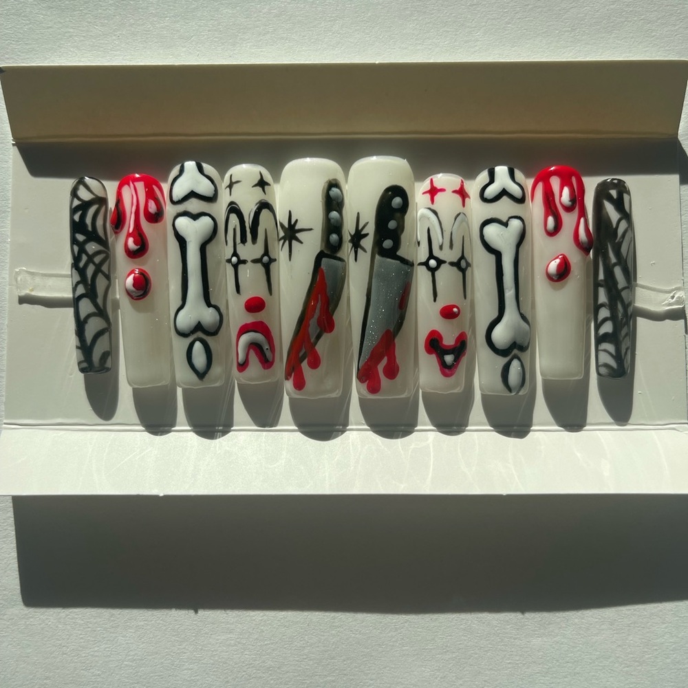 White Red Black Killer Clown Horror Press-on Nails Handmade Press-on Nails - Picture 3 of 9